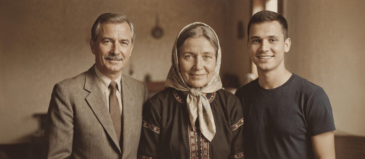 Spoločná fotografia starých rodičov a vnuka vytvorená umelou inteligenciou